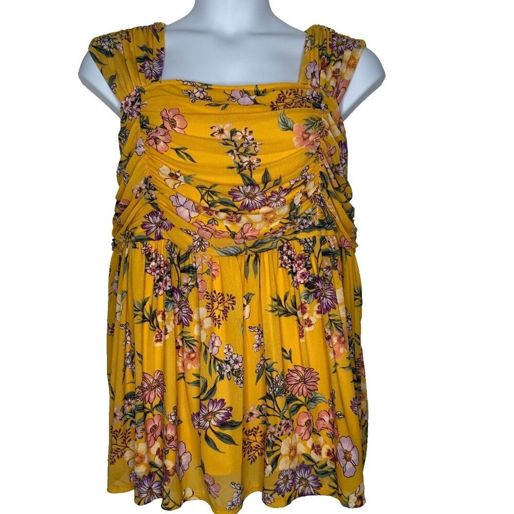 Babydoll Mesh Square Neck Top‎ Floral Shirred Yellow 3X